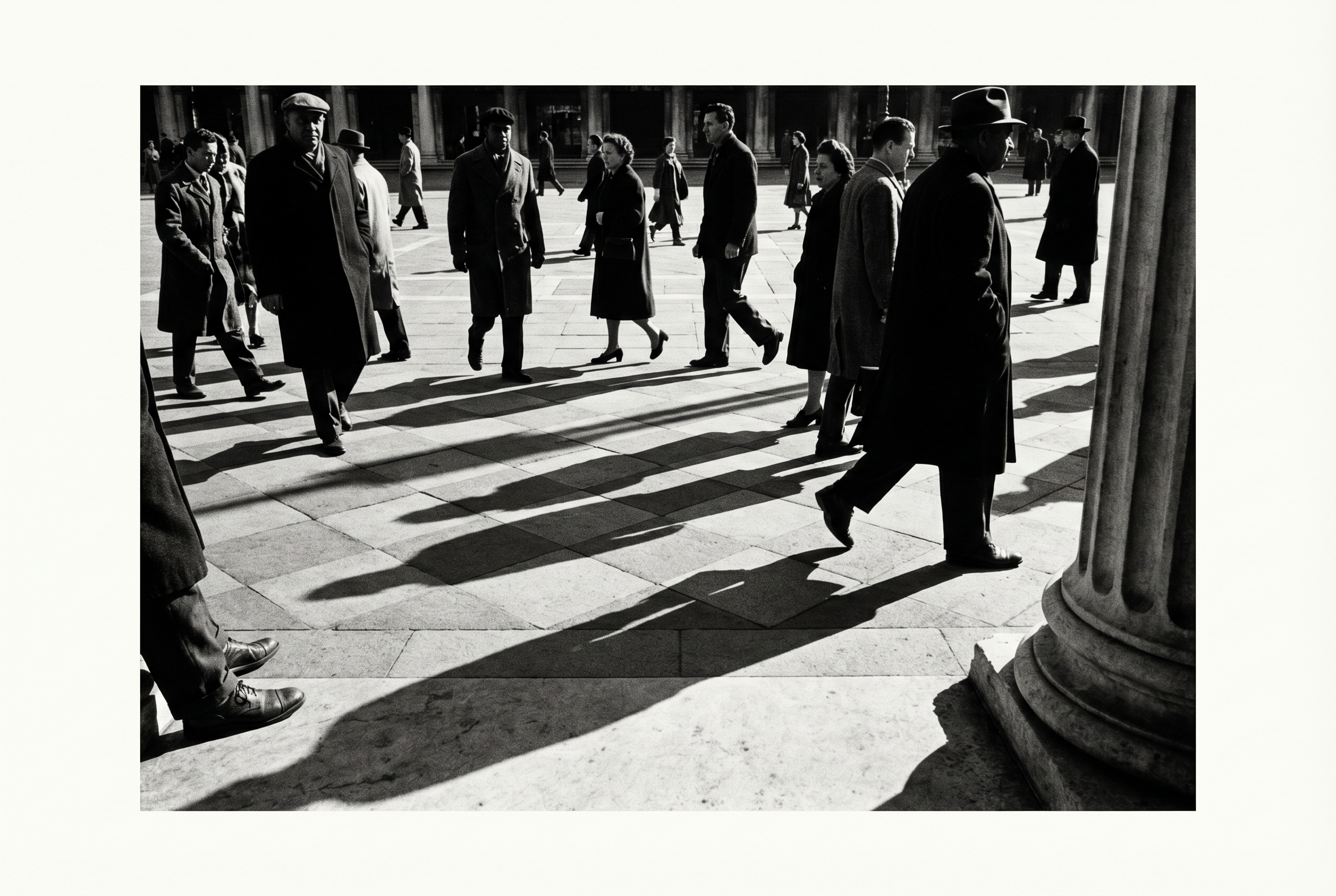 Large format monochrome photograph of a civic plaza with multiple figures crossing the same stone grid.