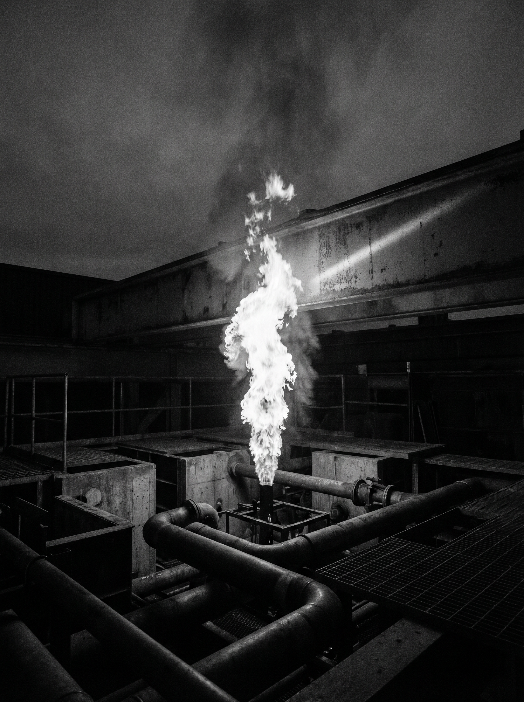 Large format monochrome photograph of industrial flame as civic event. A single white blade of fire rises from below against absolute black. Low angle, 24mm wide. The fire is the only light source. Fuji X-Pro1 aesthetic, Sebastião Salgado and Fan Ho lineage.
