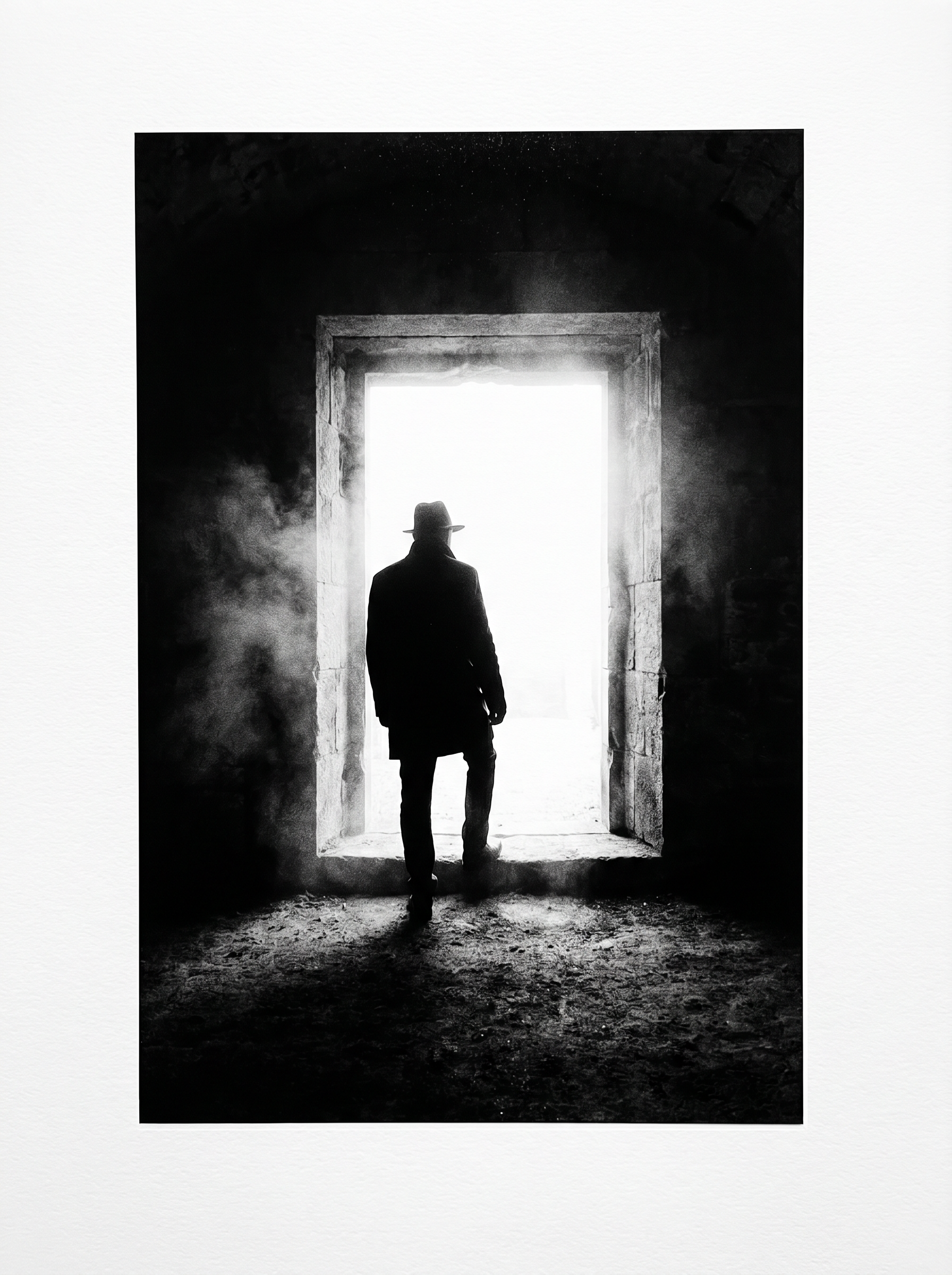 The decisive moment. A figure silhouetted in an open doorway against blinding white light. Steam lingers in the dark interior behind them. Fuji X-Pro1 aesthetic, Henri Cartier-Bresson and Fan Ho lineage.