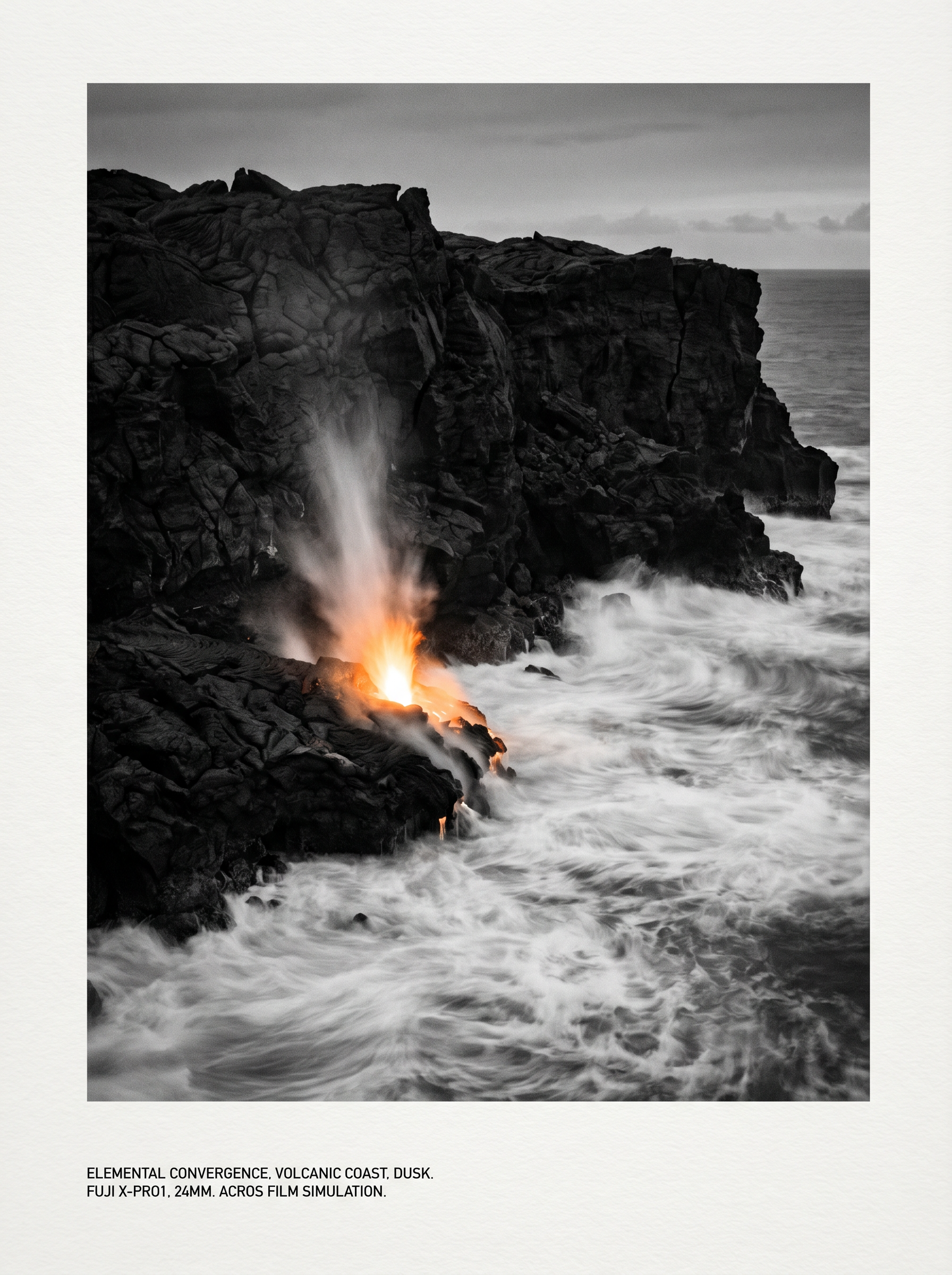 Volcanic coastline at dusk. All three elements present and in proper relationship. The fire is not the largest thing in the frame — but it is the most alive. Fuji X-Pro1 aesthetic, Ansel Adams and Sebastião Salgado lineage.